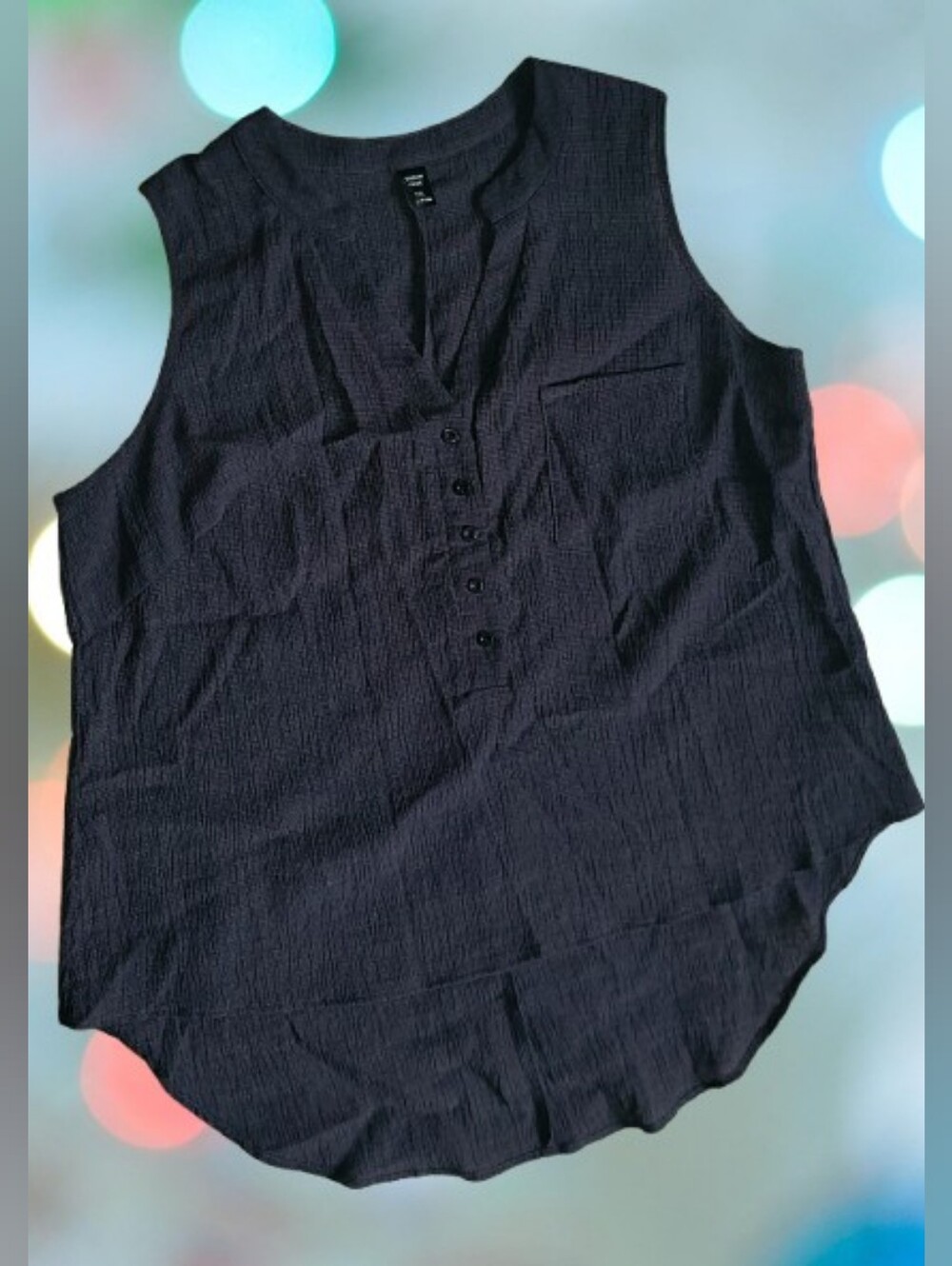 Textured Sleeveless Dark Gray Charcoal Top, 2xl Shirt, V-neck, Chest Pocket